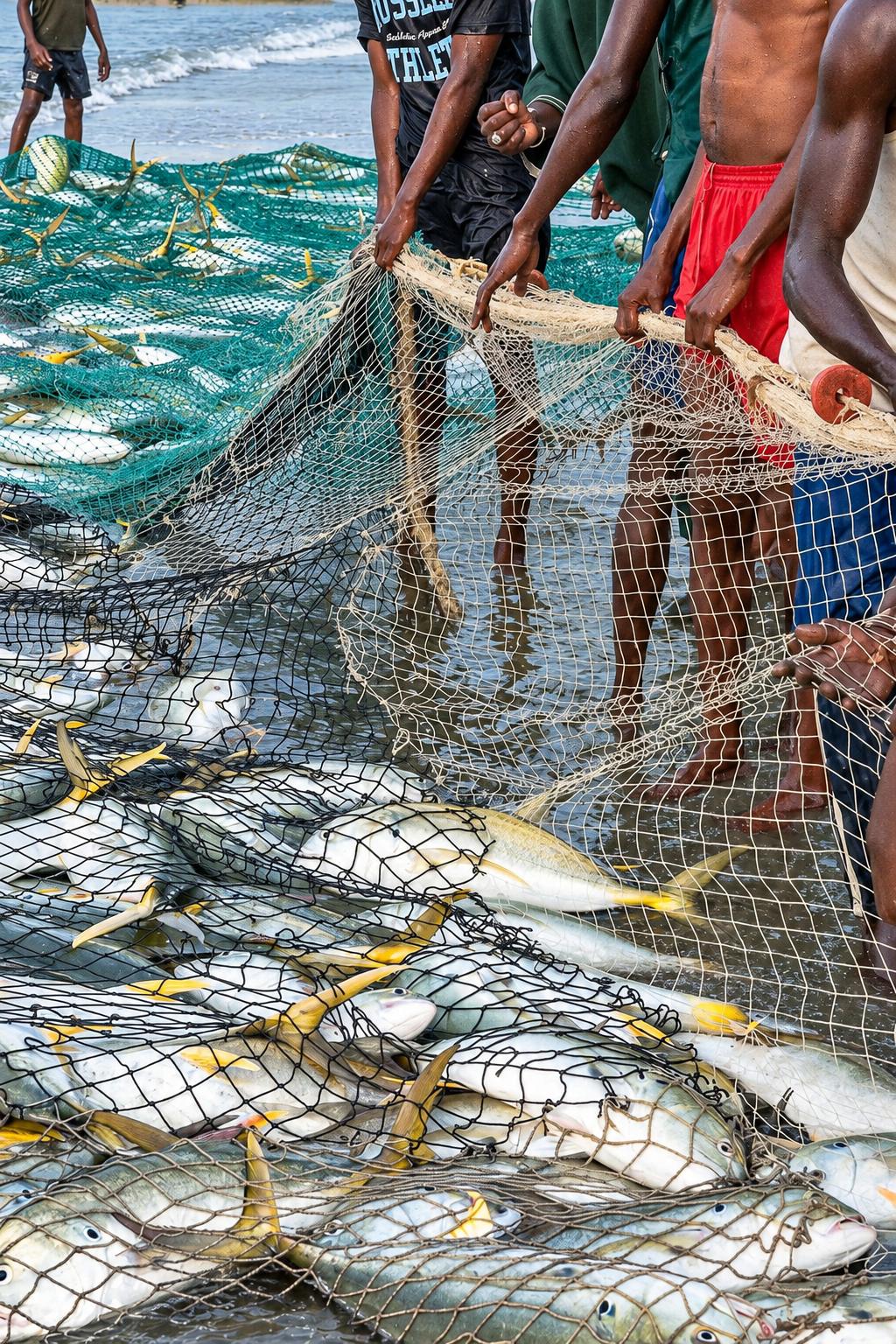Fishermen on a beach pulling a silvery catch out of a green net