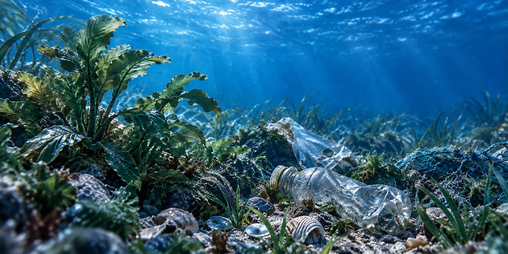 Plastic waste on the seabed: a crumpled plastic bottle and a torn plastic bag among seagrass, shells and pebbles, beside a tangled fishing net