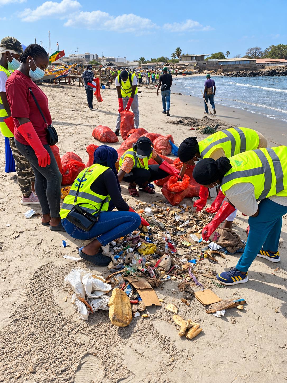 Volunteers in high-visibility vests gathering waste into sacks on the beach