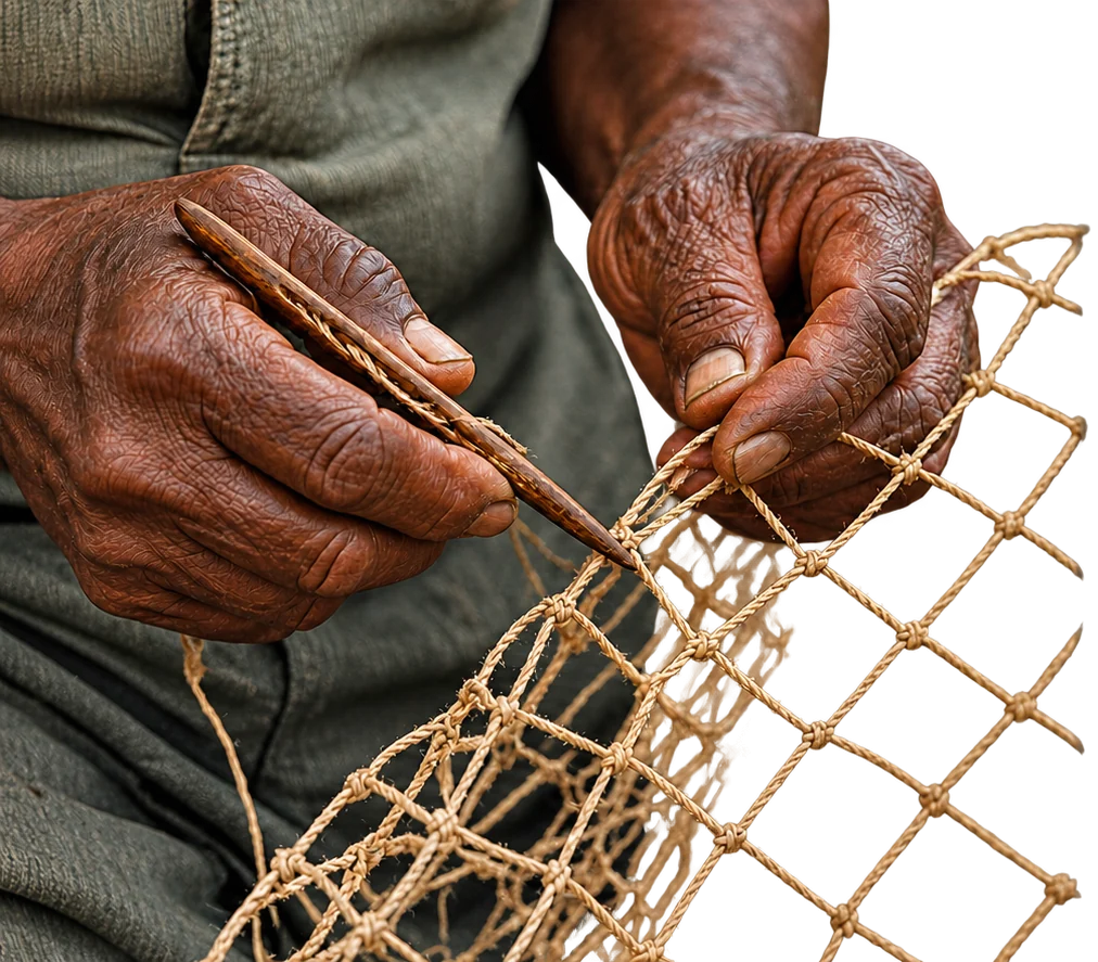 Weathered hands mending a fishing net with a wooden shuttle