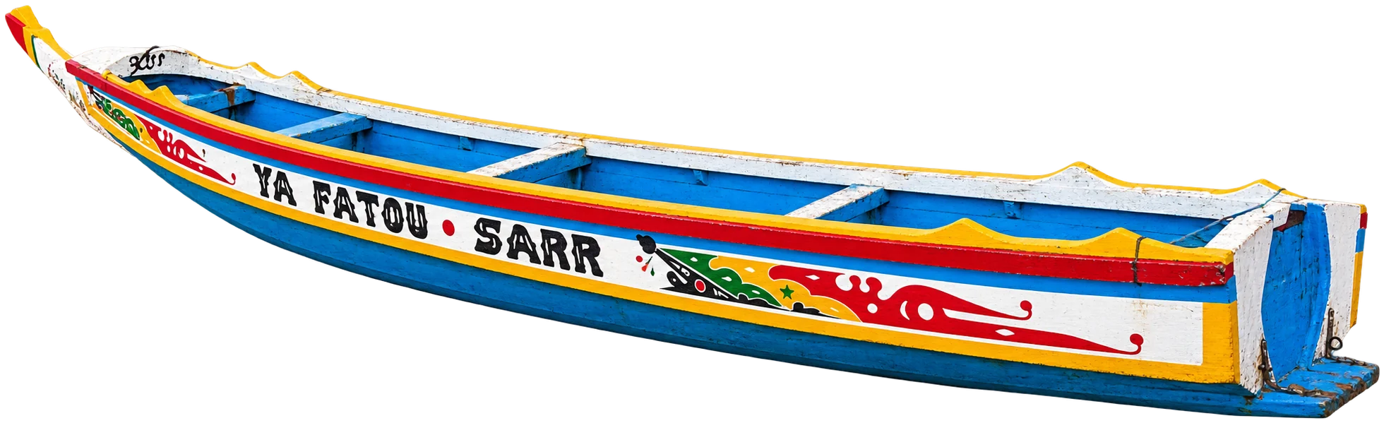 A traditional Senegalese fishing pirogue, painted blue, yellow, red and white