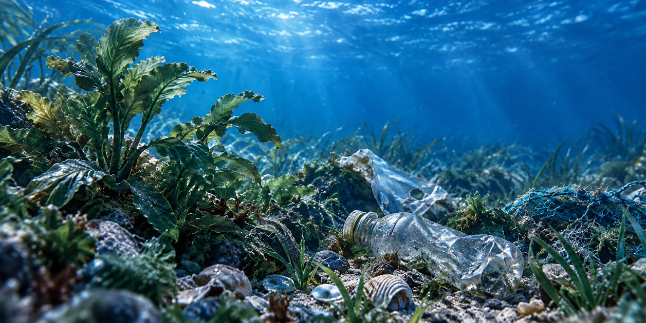 Clear blue seabed with seaweed, a plastic bag, a plastic bottle and a fishing net
