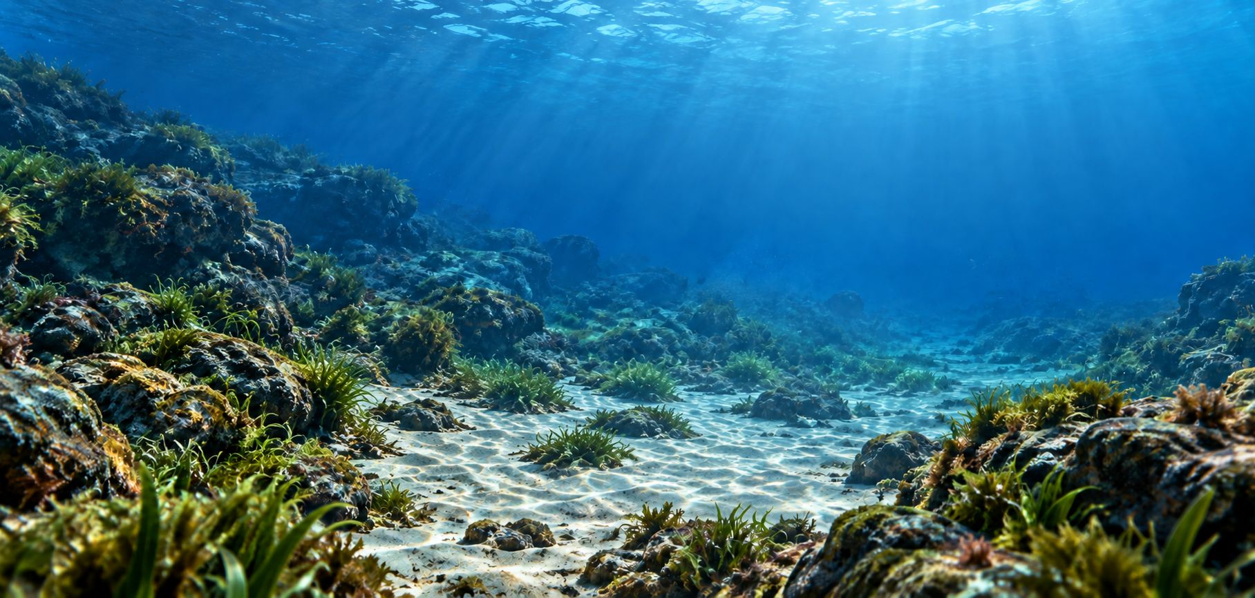 Sunlit blue water over a seabed of pale sand, rocks and seagrass