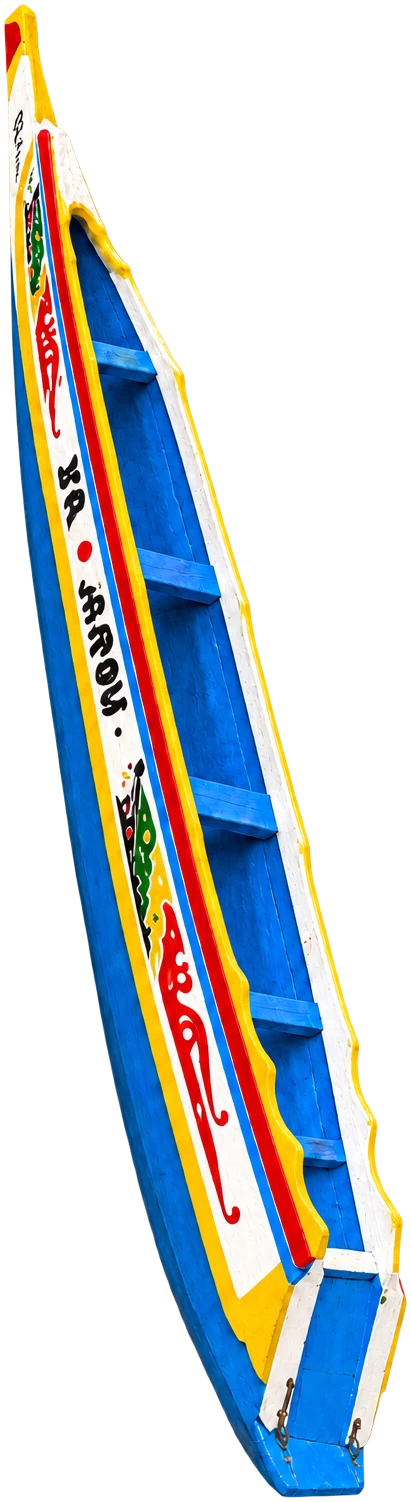A Senegalese fishing pirogue standing upright, painted blue, yellow, red and white